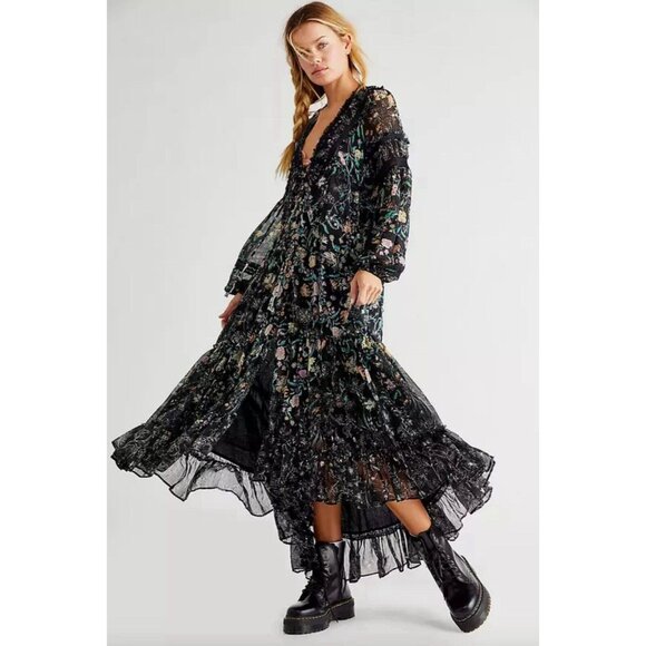 Free People Dresses & Skirts - Free People Cassis Printed Chiffon Midi Dress Flowy Ruffles Floral Black Small